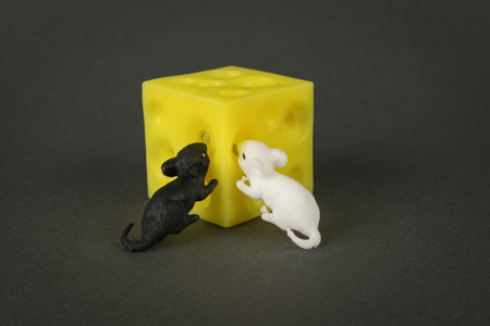 White and black mice eat a piece of cheese. Creative image.の写真素材