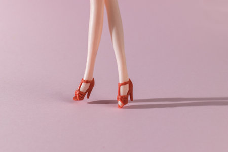 Female doll legs in red shoes walking on a pink background. The concept of female beauty.の写真素材