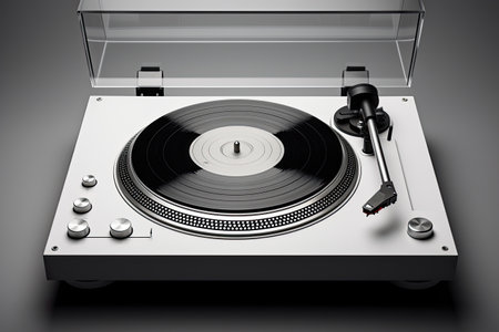 Gray vinyl disc player on a gray background. Retro recording playback equipment.の素材