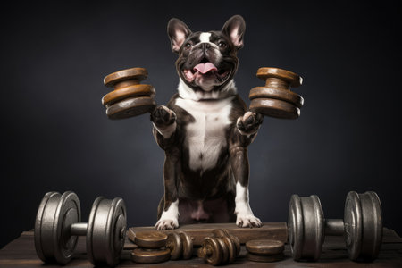 A bulldog lifting heavy iron dumbbells. The concept of a sporty lifestyle.の素材