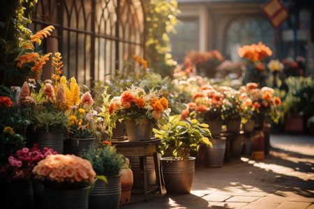 A summer street of a provincial town filled with flowers. Spring concept.の素材