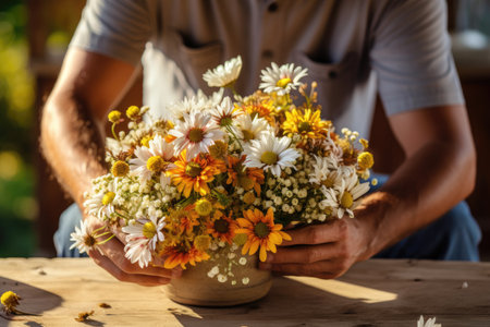 A male florist collects a bouquet of spring flowers. A gift of fresh flowers.の素材