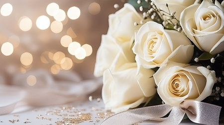 A bouquet of delicate white roses on a blurry shiny background. Festive flowers.の素材