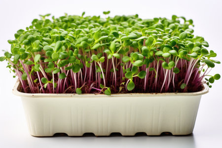 Fresh micro-greenery in a large container on a white background. Growing natural healthy food.の素材