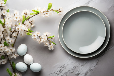 Easter table with painted eggs, plates and flowering branches. A place for your text.の素材