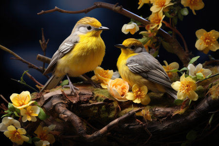 Two beautiful yellow birds on a flowering tree. Spring greeting card.の素材