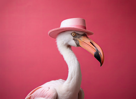 Flamingo with a big beak in a pink hat on a red background. A handsome gentleman.の素材