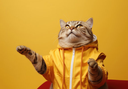 A cat in a yellow zip-up hoodie with an upward gaze. The concept of modern art.の素材