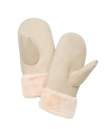 A pair of warm beige mittens insulated on a white background. The concept of protecting hands from the cold.の写真素材
