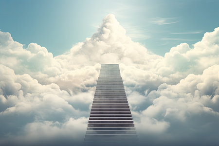 A large stone staircase among thick white clouds. The concept of development and achievement of goals.の素材