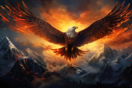 A large eagle with outstretched wings in the mountains against the background of the bright sun. The concept of freedom.の素材