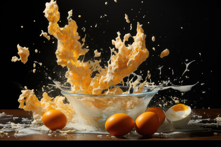 Omelet flying out of the bowl. A creative image.の素材