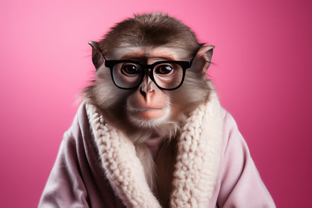 A monkey in a housecoat and glasses on a pink background. A creative image.の素材