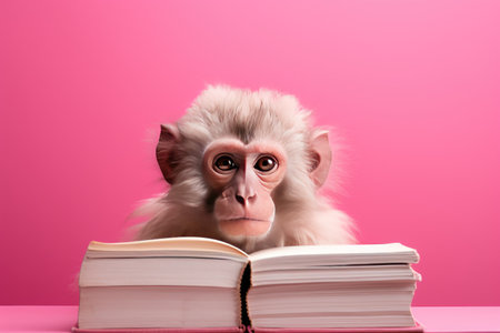 A cute monkey with a stack of books on a pink background. The concept of education and science.の素材