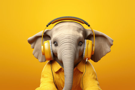 An elephant in a yellow shirt and yellow headphones. A creative minimalist image.の素材