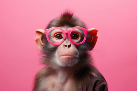 A serious monkey with glasses on a pink background. A creative image.の素材