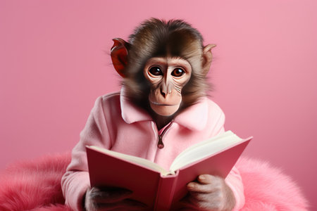 A little monkey in a bathrobe with a book on the couch. A creative minimalist image.の素材