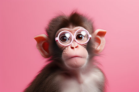 Cute monkey in round pink glasses on a pink background. A creative image.の素材