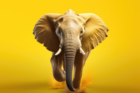 An elephant running fast on the yellow sand. A creative image.の素材