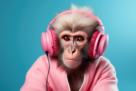 A monkey in a pink bathrobe and pink headphones on a turquoise background.の素材