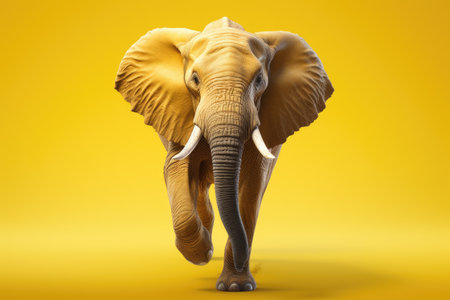 A large elephant running on a yellow background. A creative image.の素材