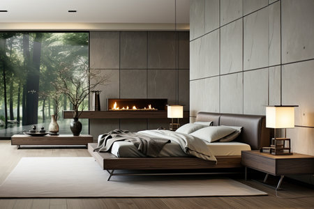 A modern bedroom with a fireplace. The design of the recreation room.の素材