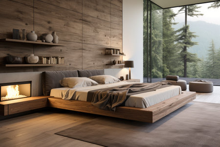 A modern bedroom made of natural materials with windows to the forest. The design of the recreation room.の素材