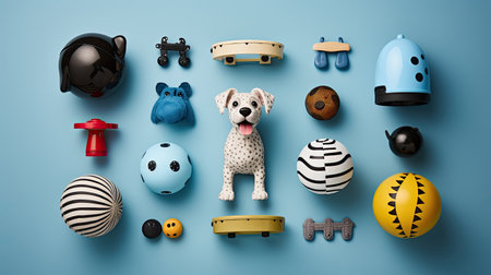 A large set of toys for dogs on a blue background. The concept of dog entertainment.の素材