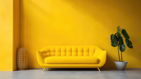 A big yellow sofa in a yellow room. Minimalistic interior.の素材