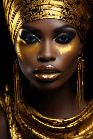 A dark-skinned girl in golden robes on a dark background. Stylish golden makeup.の素材