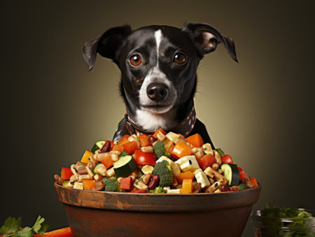 A dog in front of a large bowl of food with vegetables. The concept of healthy dog nutrition.の素材