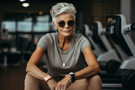 An elderly woman in black glasses in the gym. The concept of a healthy lifestyle.の素材