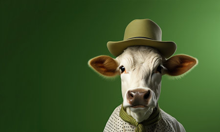A white cow in a green hat on a green background. A creative image.の素材