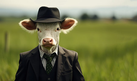 A cow in a business suit, hat and tie on a field background. A creative image.の素材