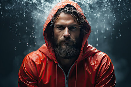 A strong man in a red jacket in the water. The concept of mental rebirth.の素材