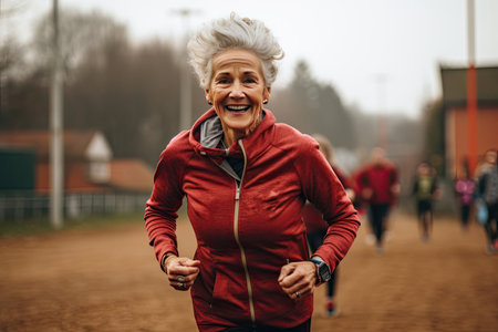 A woman in a red suit participates in a running competition. The concept of a music lover.の素材