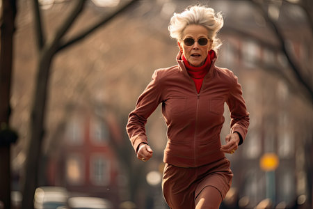 An elderly woman with glasses is jogging in the park. The concept of a music lover.の素材