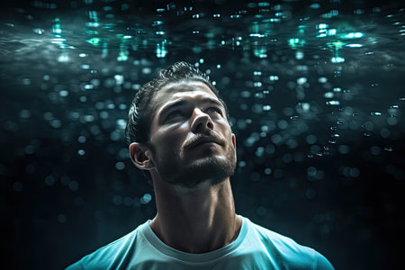 A stylish young man on a watery background. The concept of mental rebirth.の素材