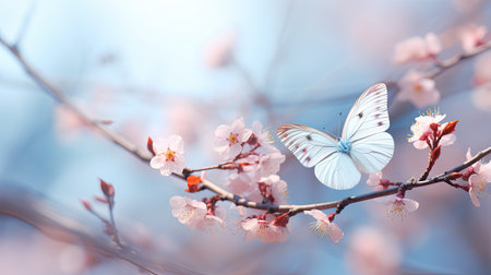A beautiful white butterfly on a spring flowering tree. The concept of spring awakening.の素材