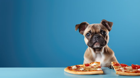 A dog with a pizza cut in two at a blue table. A creative image.の素材