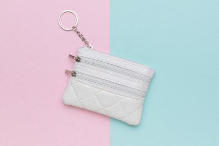 An original white women's wallet on a two-tone background. An accessory for storing money.