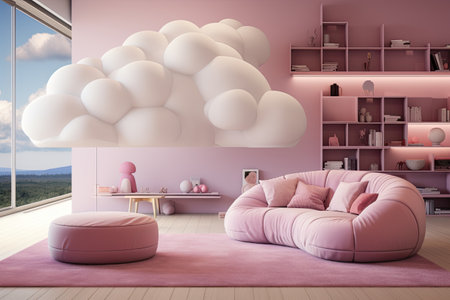 A children's room in pink in an ultramodern style. The concept of the future home.の素材