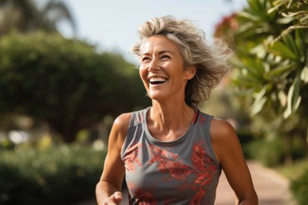 A happy woman is jogging in the park. The concept of a healthy lifestyle.の素材