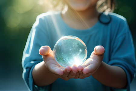 A girl holds a glass ball in the sunlight. The concept of saving the planet.の素材
