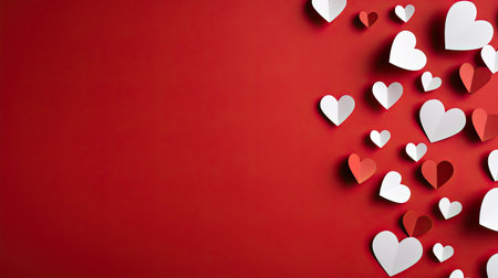 Red and white hearts cut out of paper on a red background. The concept of Valentine's Day.の素材