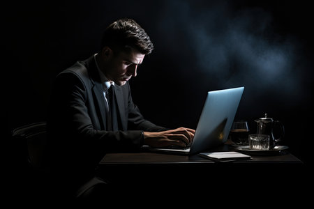 A man in a suit and tie is working hard at his laptop. The concept of a businessman's workplace.の素材