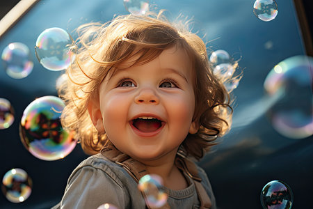 A happy baby and lots of soap bubbles. The concept of children's happiness.の素材