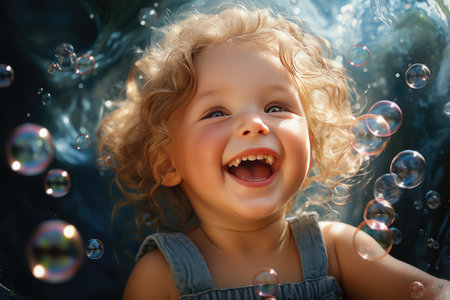 Curly-haired laughing girl and soap bubbles. The concept of children's happiness.の素材