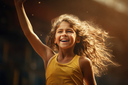 A girl with her hand raised celebrating a victory. The concept of achievement and victory.の素材