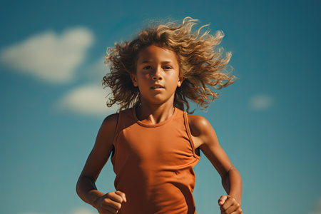 A child with flowing hair running against the sky. The concept of achieving a result.の素材